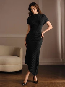 Anewsta Women's Elegant Semi-High Neck Knitted Long Dress, Slim Fit Solid Color, Versatile Commuter Holiday Dress, Spring/Autumn - Black - View 7
