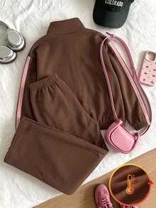 SHEIN 青少年女孩秋冬抓絨內裡 NY字母圖案拉鍊外套側條紋運動褲套裝 - 棕色 - 查看 2