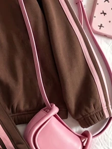 SHEIN 青少年女孩秋冬抓絨內裡 NY字母圖案拉鍊外套側條紋運動褲套裝 - 棕色 - 查看 4