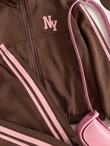 SHEIN 青少年女孩秋冬抓絨內裡 NY字母圖案拉鍊外套側條紋運動褲套裝 - 棕色 - 查看 3