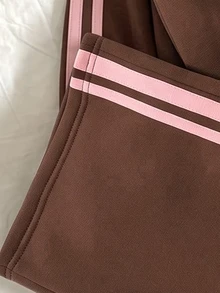 SHEIN 青少年女孩秋冬抓絨內裡 NY字母圖案拉鍊外套側條紋運動褲套裝 - 棕色 - 查看 7