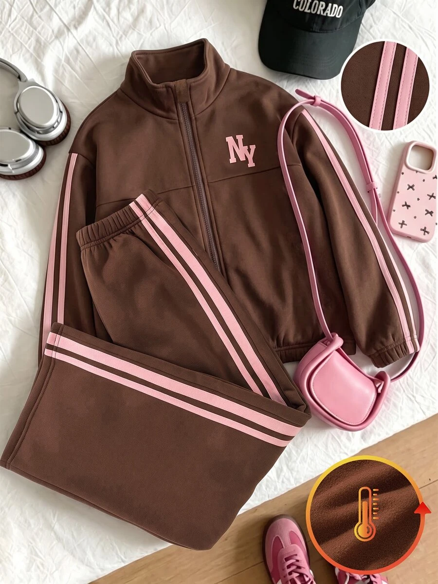 SHEIN 青少年女孩秋冬抓絨內裡 NY字母圖案拉鍊外套側條紋運動褲套裝 - 棕色 - 查看 1