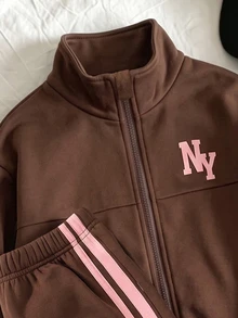 SHEIN 青少年女孩秋冬抓絨內裡 NY字母圖案拉鍊外套側條紋運動褲套裝 - 棕色 - 查看 5