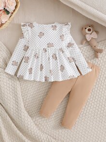 Cozy Pixies Baby Girl Knitted Bear Pattern Round Neck 3D Bow Ruffle Casual T-Shirt And Long Pants 2 Pieces Set - Multicolor - View 3