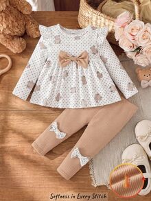 Cozy Pixies Baby Girl Knitted Bear Pattern Round Neck 3D Bow Ruffle Casual T-Shirt And Long Pants 2 Pieces Set - Multicolor - View 2