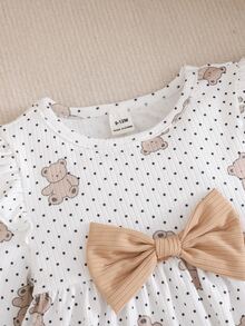 Cozy Pixies Baby Girl Knitted Bear Pattern Round Neck 3D Bow Ruffle Casual T-Shirt And Long Pants 2 Pieces Set - Multicolor - View 4