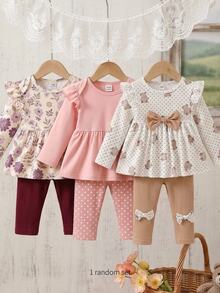 Cozy Pixies Baby Girl Knitted Bear Pattern Round Neck 3D Bow Ruffle Casual T-Shirt And Long Pants 2 Pieces Set - Multicolor - View 6