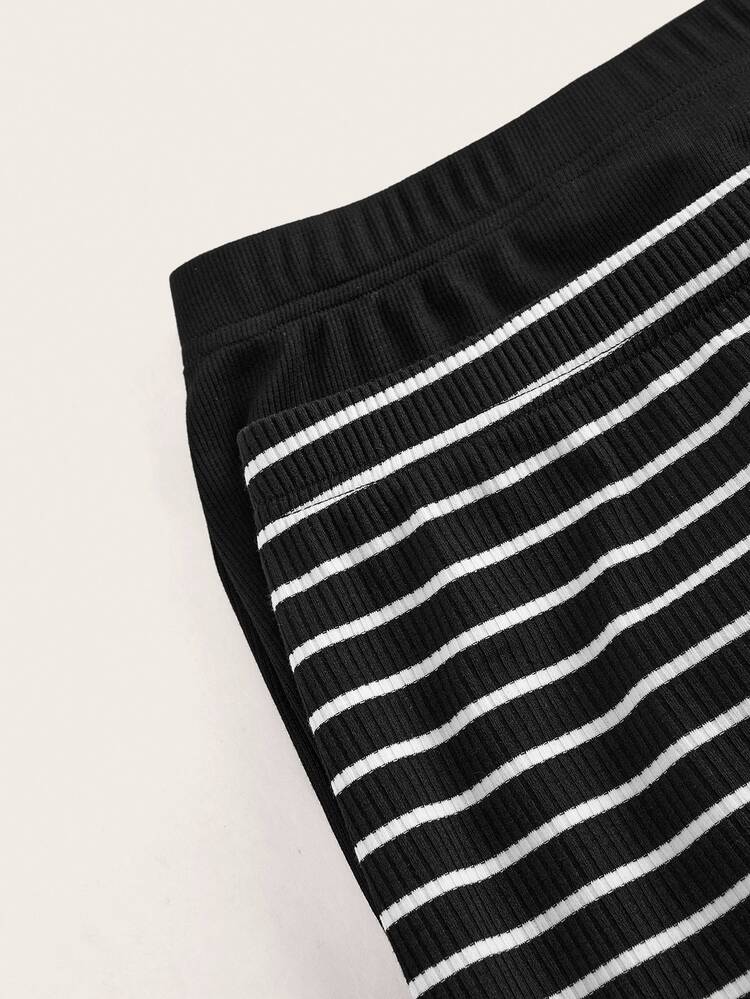 SHEIN LUNE 2pcs Women Casual Basic Black And White Striped Solid Pencil Maxi Skirt Set,Autumn Work Office Everyday Holiday Business Office Outfits,Back To School - Multicolor - View 4