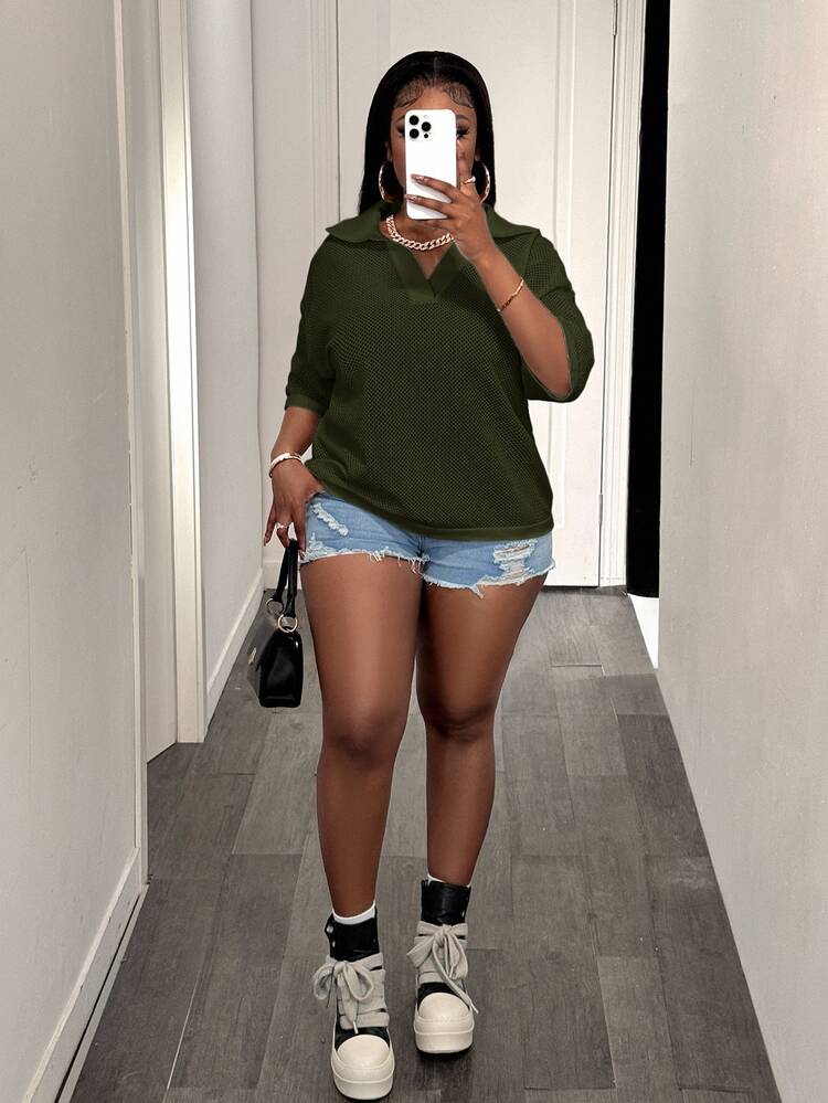 Slaydiva Plus Size Women's Solid Color Collared Short Sleeve Casual Versatile Drop Shoulder Sweater - Army Green - View 7