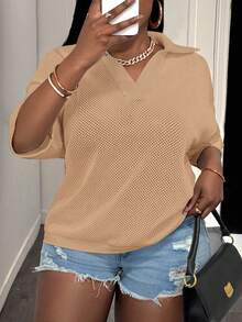 Slaydiva Casual Loose Solid Beige V-Neck Drop Shoulder Hollow Knit Plus Size Women's Top, Suitable For Spring & Summer - Brown - View 8