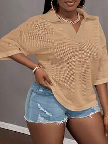 Slaydiva Casual Loose Solid Beige V-Neck Drop Shoulder Hollow Knit Plus Size Women's Top, Suitable For Spring & Summer - Brown - View 3