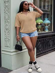 Slaydiva Casual Loose Solid Beige V-Neck Drop Shoulder Hollow Knit Plus Size Women's Top, Suitable For Spring & Summer - Brown - View 1