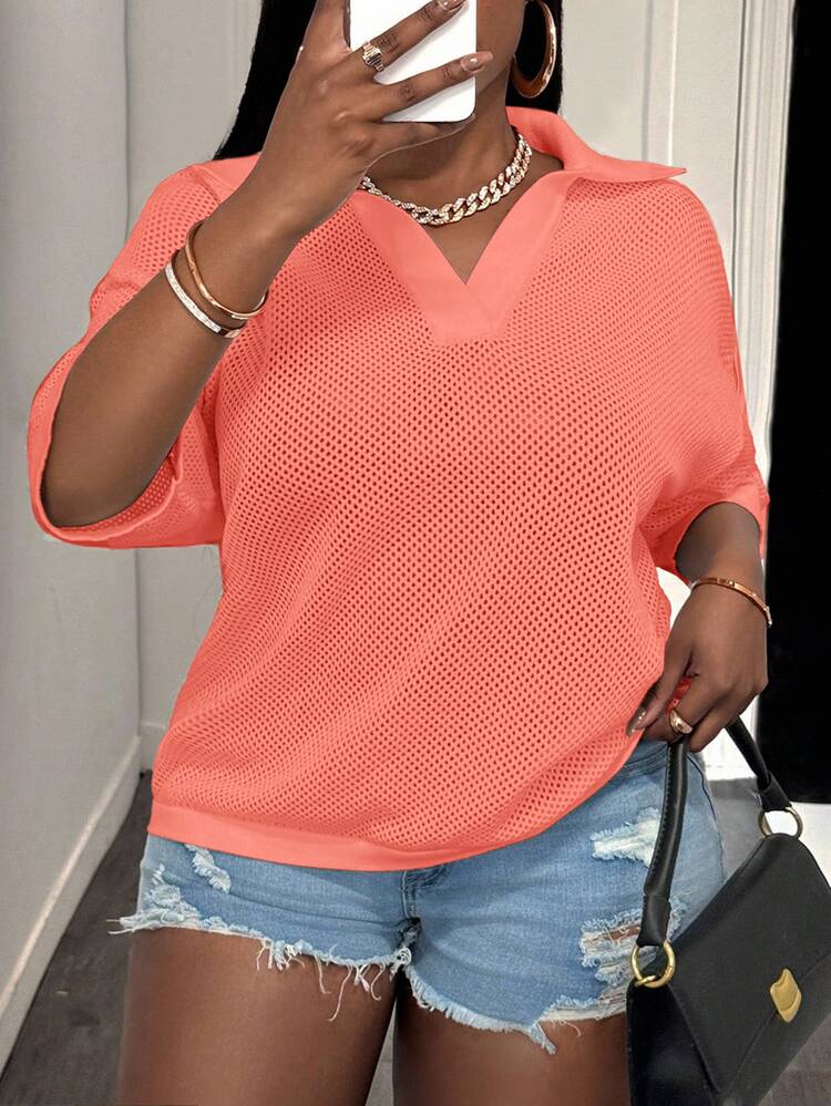 Slaydiva Women's Plus Size Coral Knit Top, Sommar Smart Casual Sexy Crochet Hollow Out V-Neck Dolman Sleeve Loose Fit T-Shirt, Spring/Summer Blouses Vacation - Burnt Orange - View 8