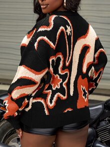 Slaydiva Cárdigan con cuello en V con estampado floral en tono de sésamo para mujer talla grande, para invierno - Naranja - Ver 2