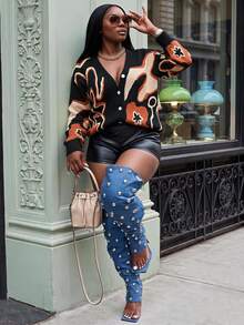 Slaydiva Cárdigan con cuello en V con estampado floral en tono de sésamo para mujer talla grande, para invierno - Naranja - Ver 1