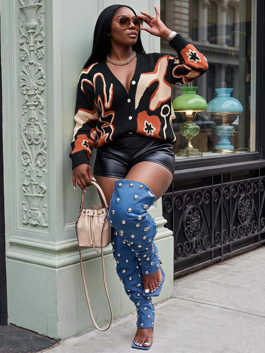 Slaydiva Cárdigan con cuello en V con estampado floral en tono de sésamo para mujer talla grande, para invierno - Naranja - Ver 1