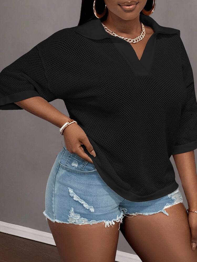 Slaydiva Women's Plus Size Loose Fit Crochet Hollow Out V-Neck Dolman Sleeve Knit Top Black Summer Business Casual Soft Form Work Formal Homewear Office Blouse - Black - View 3