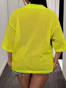 Slaydiva Loose Fit Solid Color V-Neck Drop Shoulder Hollow Out Knit Casual Blouse For Plus Size Women, Spring/Summer - Mint Green - View 2