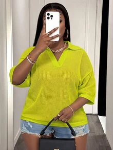 Slaydiva Loose Fit Solid Color V-Neck Drop Shoulder Hollow Out Knit Casual Blouse For Plus Size Women, Spring/Summer - Mint Green - View 3
