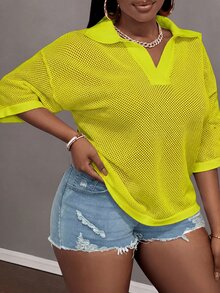 Slaydiva Loose Fit Solid Color V-Neck Drop Shoulder Hollow Out Knit Casual Blouse For Plus Size Women, Spring/Summer - Mint Green - View 6