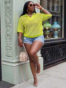 Slaydiva Loose Fit Solid Color V-Neck Drop Shoulder Hollow Out Knit Casual Blouse For Plus Size Women, Spring/Summer - Mint Green - View 1