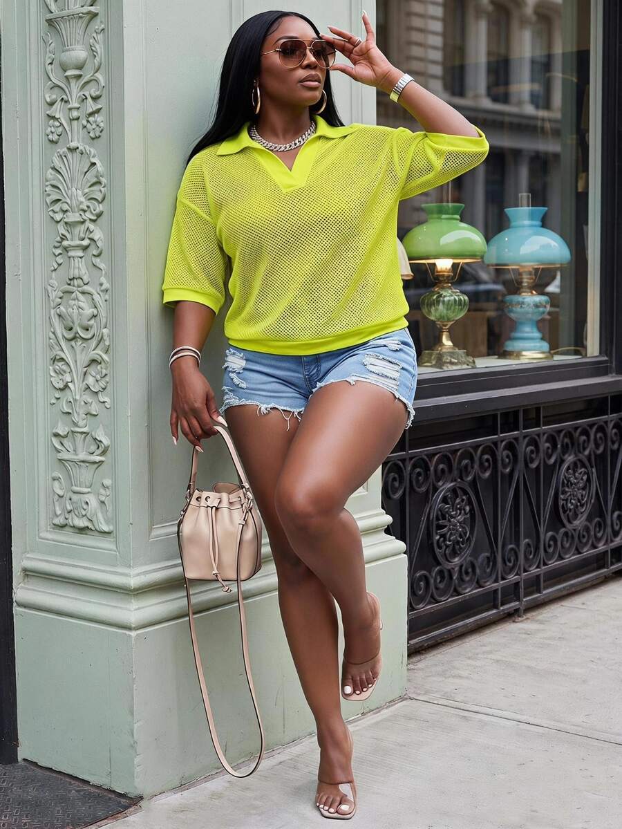 Slaydiva Loose Fit Solid Color V-Neck Drop Shoulder Hollow Out Knit Casual Blouse For Plus Size Women, Spring/Summer - Mint Green - View 1