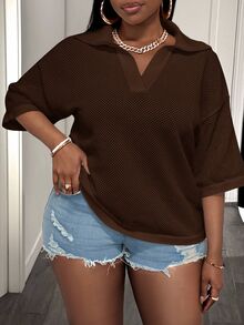 Slaydiva Loose Fit Solid Cream V-Neck Drop Shoulder Crochet Hollow Out Casual Plus Size Knit Top T-Shirt For Women, Spring/Summer - Brown - View 5