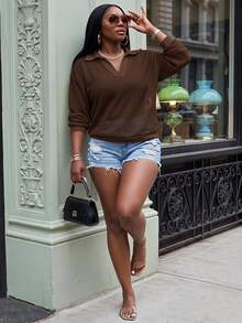 Slaydiva Loose Fit Solid Cream V-Neck Drop Shoulder Crochet Hollow Out Casual Plus Size Knit Top T-Shirt For Women, Spring/Summer - Brown - View 1