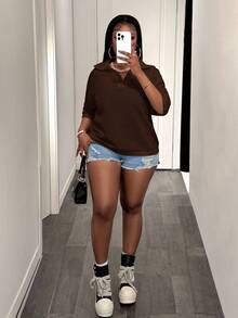 Slaydiva Loose Fit Solid Cream V-Neck Drop Shoulder Crochet Hollow Out Casual Plus Size Knit Top T-Shirt For Women, Spring/Summer - Brown - View 7