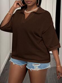 Slaydiva Loose Fit Solid Cream V-Neck Drop Shoulder Crochet Hollow Out Casual Plus Size Knit Top T-Shirt For Women, Spring/Summer - Brown - View 4