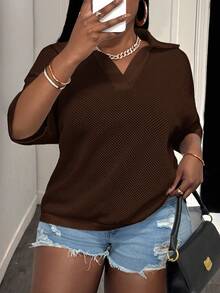 Slaydiva Loose Fit Solid Cream V-Neck Drop Shoulder Crochet Hollow Out Casual Plus Size Knit Top T-Shirt For Women, Spring/Summer - Brown - View 8
