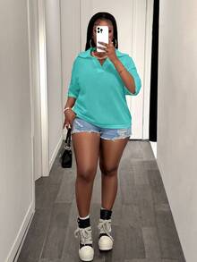 Slaydiva Plus Size Women Solid Color Collared Drop Shoulder Casual Knit Top - Baby Blue - View 7