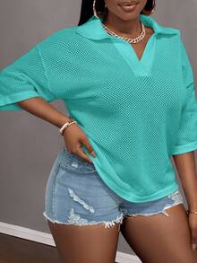 Slaydiva Plus Size Women Solid Color Collared Drop Shoulder Casual Knit Top - Baby Blue - View 3