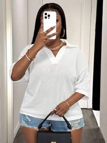 Slaydiva Loose Fit Solid Allover White V-Neck Drop Shoulder Soft Form Business Casual Hollow-Out Knit Plus Size T-Shirt Top For Women Spring/Summer Homewear - White - View 7