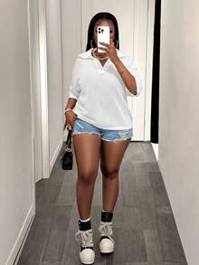 Slaydiva Loose Fit Solid Allover White V-Neck Drop Shoulder Soft Form Business Casual Hollow-Out Knit Plus Size T-Shirt Top For Women Spring/Summer Homewear - White - View 4