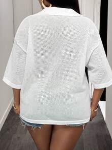 Slaydiva Loose Fit Solid Allover White V-Neck Drop Shoulder Soft Form Business Casual Hollow-Out Knit Plus Size T-Shirt Top For Women Spring/Summer Homewear - White - View 2