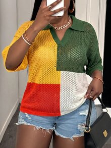 Slaydiva Spring Summer Crochet 1950s Vintage 2000s 90s Loose Colorblock Contrast V-Neck Drop Shoulder Vacation Hollow Knit Plus Size T-Shirt Formal Yellow - Multicolor - View 5