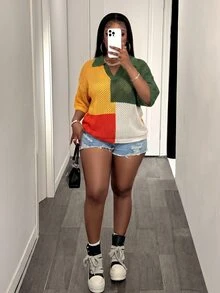 Slaydiva Spring Summer Crochet 1950s Vintage 2000s 90s Loose Colorblock Contrast V-Neck Drop Shoulder Vacation Hollow Knit Plus Size T-Shirt Formal Yellow - Multicolor - View 9