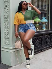 Slaydiva Spring Summer Crochet 1950s Vintage 2000s 90s Loose Colorblock Contrast V-Neck Drop Shoulder Vacation Hollow Knit Plus Size T-Shirt Formal Yellow - Multicolor - View 2