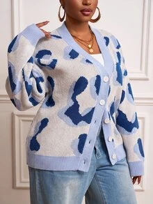 Slaydiva Plus Size Women's All-Over Print Casual Traditional Versatile Daily Wear Formal Morning Cardigan Autumn Light Blue - Blue - View 6