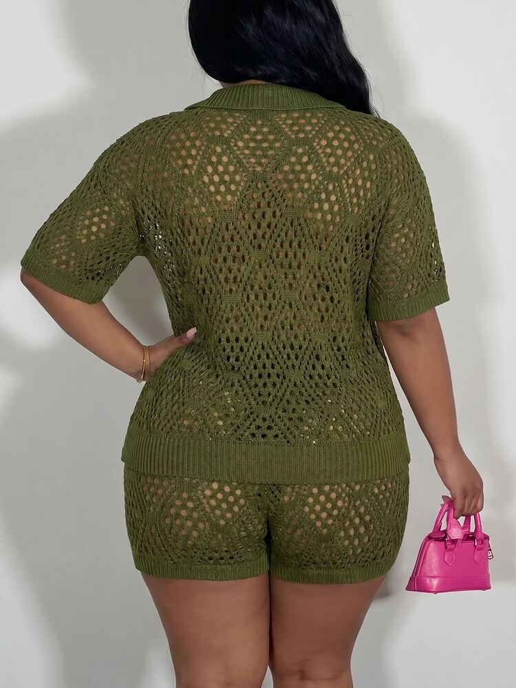 Slaydiva Loose Lapel Open Front Short Sleeve Shorts Striped Solid Color Plus Size Women's 2 Pieces Set Autumn Knit Baggy Outfit Formal Olive Green - Green - View 7