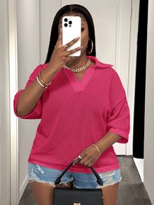 Slaydiva Plus Size Women Solid Color Lapel Collar Drop Shoulder Casual Knit Top - Watermelon Pink - View 6
