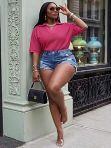 Slaydiva Plus Size Women Solid Color Lapel Collar Drop Shoulder Casual Knit Top - Watermelon Pink - View 1