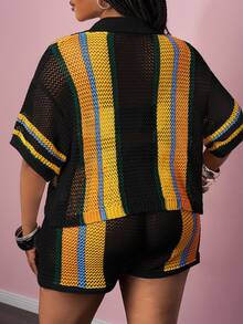 Slaydiva 两件套：休闲沙滩度假条纹撞色钩针编织短袖翻领衬衫上衣（带口袋）和短裤，女士加大码针织衫春夏两件套短款套装，钩针编织短款套装，女士两件套短款套装 - 黑色 - 查看 3