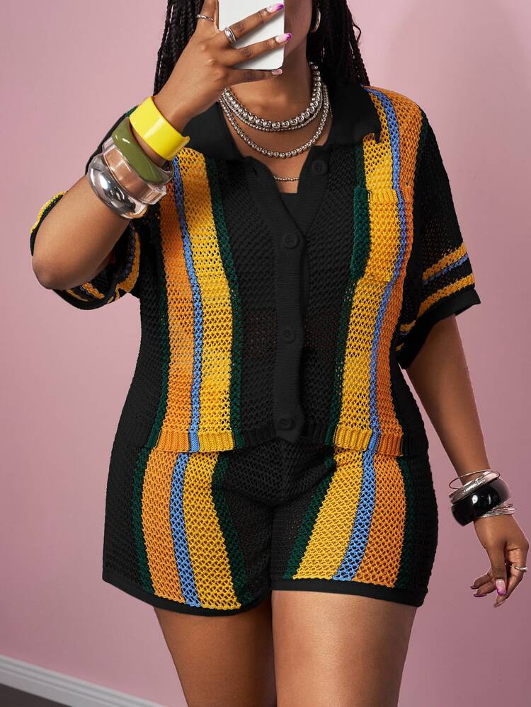 Slaydiva Ladies Plus Size 2 Pieces Set:Black And Gold,Summer,Casual,Vacation Striped Colorblock Crochet Knit Short Sleeve Collared Shirt Top & Shorts Set - Black - View 6