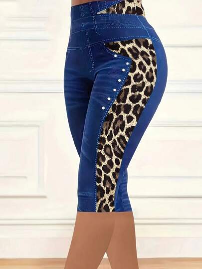 SHEIN Clasi [Denim Effect] Women's Comfortable And Fashionable Denim Effect And Leopard Print Leggings Night Going Out Blue Leopard Print Summer Sexy Leggings