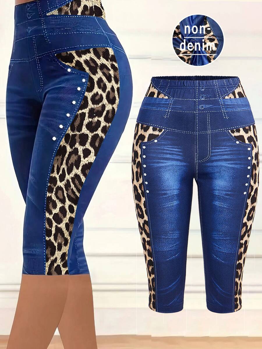 SHEIN Clasi 【丹寧效果】女款舒適時尚丹寧效果與豹紋印花緊身褲 夜出門穿著 藍色豹紋印花 夏季性感緊身褲 - 彩色 - 查看 1