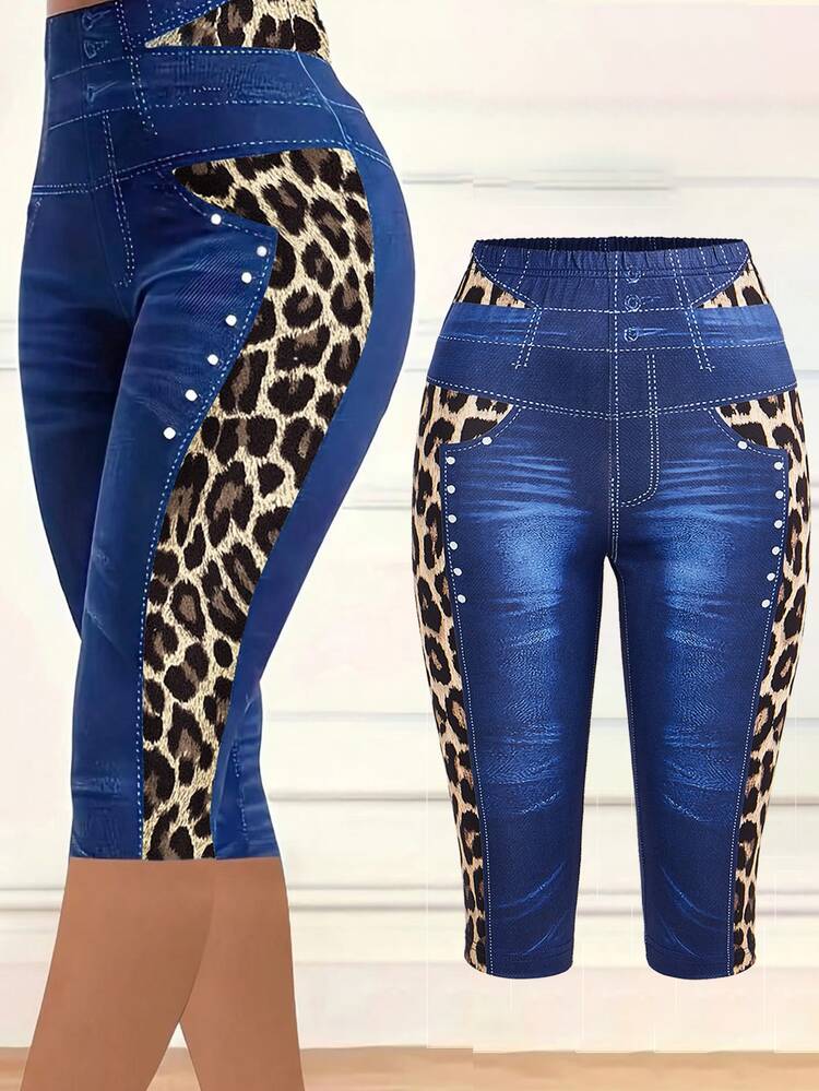 SHEIN Clasi 【丹寧效果】女款舒適時尚丹寧效果與豹紋印花緊身褲 夜出門穿著 藍色豹紋印花 夏季性感緊身褲 - 彩色 - 查看 5