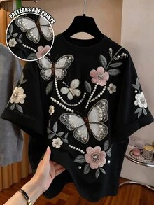 [印花設計] 青少年女孩休閒蝴蝶印花寬鬆落肩短袖T恤，適合夏季 - 黑色 - 查看 1