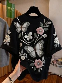 [印花設計] 青少年女孩休閒蝴蝶印花寬鬆落肩短袖T恤，適合夏季 - 黑色 - 查看 3